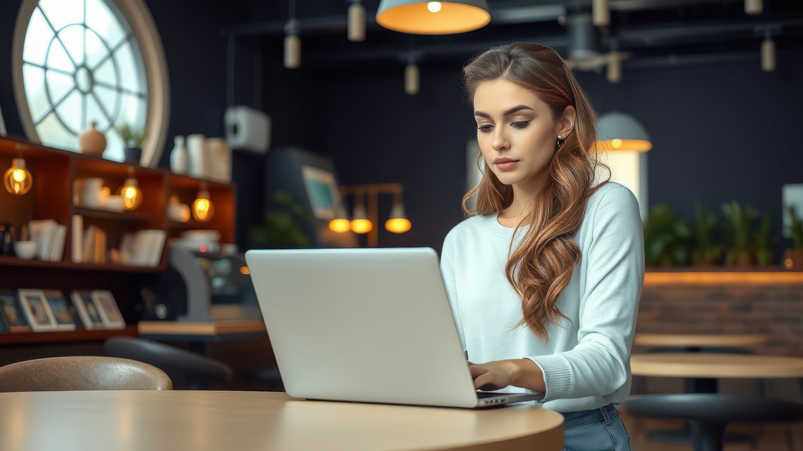 A woman uses a laptop while sitting at a table in a cafe